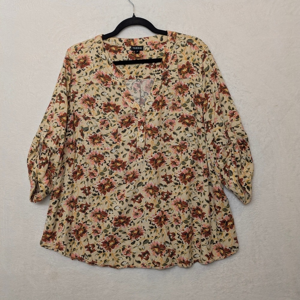 Torrid Floral Print Boho Peasant Blouse Size 3‎ Rayon Romantic